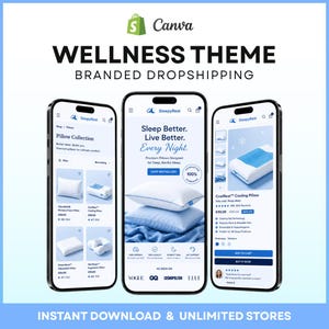 May include: Three smartphones displaying a SleepyRest e-commerce website interface. The screens show a pillow collection, a homepage with the text Sleep Better. Live Better. Every Night., and a product page for a CoolRest Cooling Pillow.