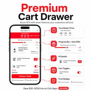 Peut inclure: Un &eacute;cran de smartphone affichant une interface Premium Cart Drawer avec des &eacute;l&eacute;ments rouges et blancs. Les fonctionnalit&eacute;s incluent un compte &agrave; rebours, une barre de progression de livraison gratuite, des suggestions de produits AI et des badges de confiance.
