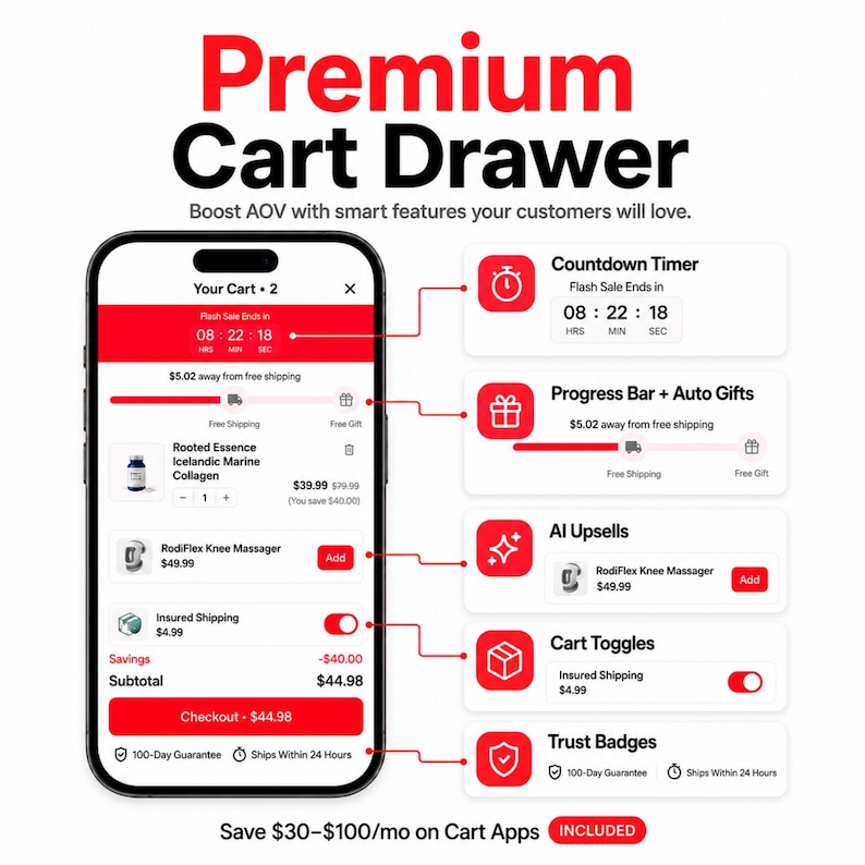 Peut inclure: Un &eacute;cran de smartphone affichant une interface Premium Cart Drawer avec des &eacute;l&eacute;ments rouges et blancs. Les fonctionnalit&eacute;s incluent un compte &agrave; rebours, une barre de progression de livraison gratuite, des suggestions de produits AI et des badges de confiance.