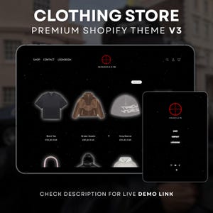 Peut inclure: Capture d'écran d'un thème Shopify pour une boutique de vêtements. L'écran affiche un t-shirt noir, un sweat à capuche marron et un bonnet gris. Le texte "CLOTHING STORE" et "PREMIUM SHOPIFY THEME V3" sont visibles.