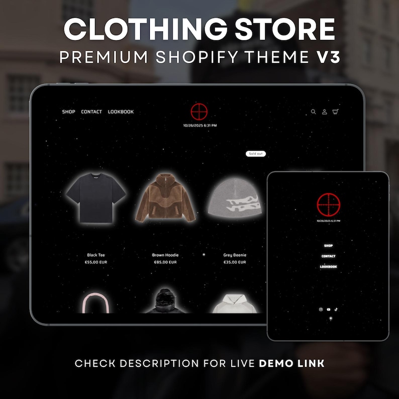 May include: A digital display showcasing a clothing store's Shopify theme. The screen displays a black tee, brown hoodie, and grey beanie. The text "CLOTHING STORE" and "PREMIUM SHOPIFY THEME V3" are visible.