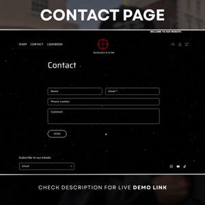 May include: A website contact page with a black background and white text. The page includes fields for name, email, phone number, and comments, with a send button. The text "CONTACT PAGE" is at the top.