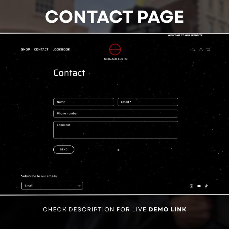 May include: A website contact page with a black background and white text. The page includes fields for name, email, phone number, and comments, with a send button. The text "CONTACT PAGE" is at the top.