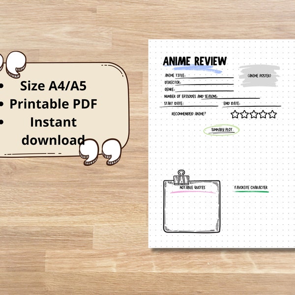 Anime Review, A4/A5 Journal Page, Printable Journal, Anime Lover Journal, Anime Tracker, Bullet Journal Template