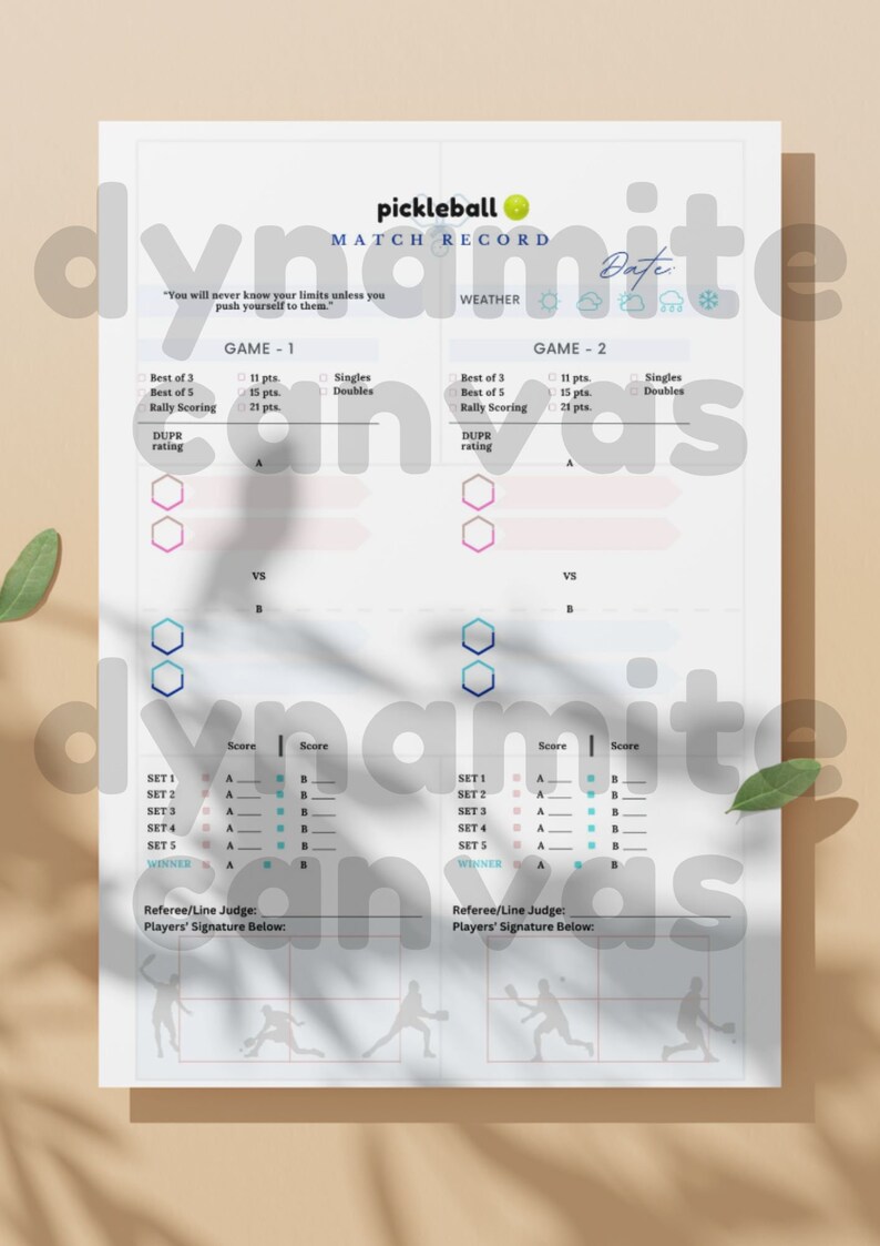 Pickleball Score Sheet Match Record Game Tracker Personal or Tournament