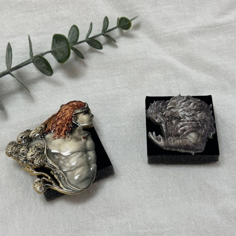 Op de afbeelding: Twee decoratieve broches. E&eacute;n toont een profiel van een figuur met rood haar en een helm, de andere toont een gedetailleerde grijswaardenafbeelding van een wezen. Beide zijn gemonteerd op zwart fluweel.