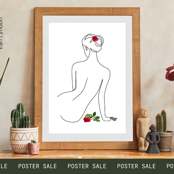 Woman One Line Drawing Print, Minimalist Home Wall Decor, Naked Female Floral Poster, Printable Modern Body Art, Digital Download