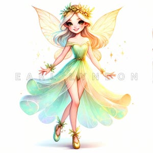 Magische Fee Clipart - Verzauberte Golden Grüne Fantasie Kunst, Pastell Aquarell Printables, 15 Hohe Qualität 300 DPI JPEGs, Papiermodelle