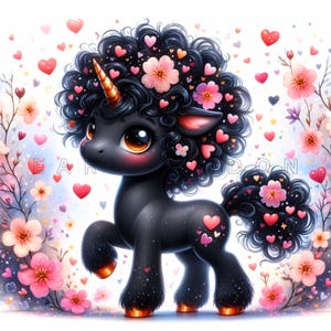 Clipart di unicorno primaverile di San Valentino nero - Unicorno afro con cuori e fiori, 15 JPG / 300 DPI