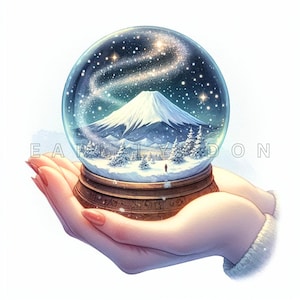 May include: A snow globe featuring a winter scene with a snow-covered mountain, trees, and a starry sky. The globe is held in two hands with painted nails. The base of the globe is a dark brown color.
