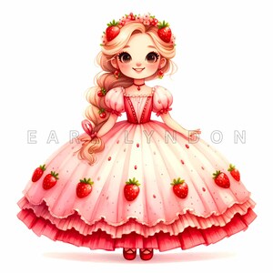Clipart princesse aux fraises - art fantastique pour cupcakes gnome, imprimables aquarelles, 15 fichiers JPEG 300 DPI de haute qualité, créations artisanales en papier sulfurisé