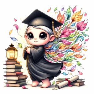 Floral Baby Gnome Graduate Clipart - Adorável arte de formatura de fantasia, imprimíveis em aquarela, 15 JPEGs de alta qualidade de 300 DPI, artesanato em papel