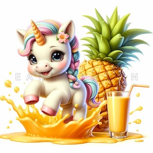 Ananas Einhorn Clipart - Tropischer Fruchtsaft Splash Art, Aquarell Printables, 15 hochwertige 300 dpi JPEGs, Sommer Papiermodelle