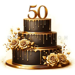 Clipart de pastel de 50.º aniversario de bodas: arte digital de cumpleaños dorado, imprimibles en acuarela, 15 JPEG de alta calidad de 300 DPI, decoración para fiestas