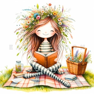 Clipart de fille de fleur en plein air - art numérique de poupée printanière originale, imprimables aquarelle florale, 15 fichiers JPEG 300 DPI de haute qualité, vélo, lecture