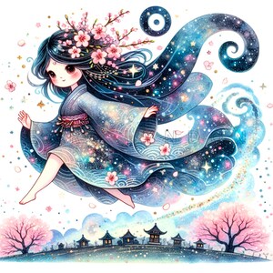 Sakura DIOSA Clipart PNG 15 caprichosas muñecas de flor de cerezo de primavera, diario basura, impresiones de arte digital, imágenes prediseñadas imprimibles en acuarela, 300 DPI