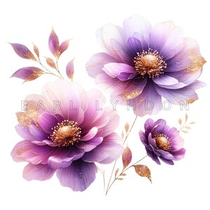 Clipart de flores moradas de lujo - Arte digital violeta dorado, imprimibles en acuarela, 15 PNG de alta calidad de 300 DPI, revistas basura, fondo transparente