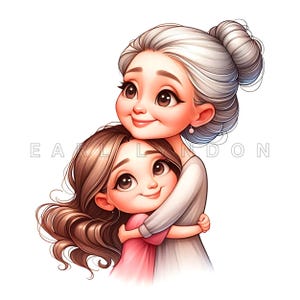 Clipart de abuela abrazando a su nieta - Arte digital de amor familiar, imprimibles en acuarela, 15 JPEG de alta calidad de 300 DPI, proyectos de bricolaje, diario