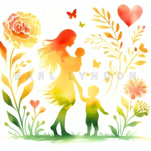Mãe, filha, filho, clipart - Arte de silhueta de amor de mãe, imprimíveis florais em aquarela, 15 JPEGs de alta qualidade de 300 DPI, projetos DIY, diários