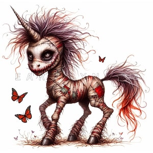 May include: A cartoon illustration of a zombie unicorn with a stitched-up face and body. The unicorn has a long, white horn, a purple mane, and a red-tipped tail. The unicorn is surrounded by butterflies.