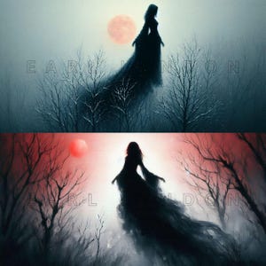 Black Witch Clipart - Blood Moon Fantasy Art, Gothic Watercolor Printables, 15 High Quality 300 DPI JPEGs, Horizontal Halloween Wall Decor