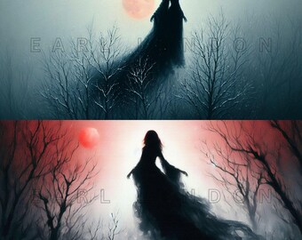 Black Witch Clipart - Blood Moon Fantasy Art, Gothic Watercolor Printables, 15 High Quality 300 DPI JPEGs, Horizontal Halloween Wall Decor