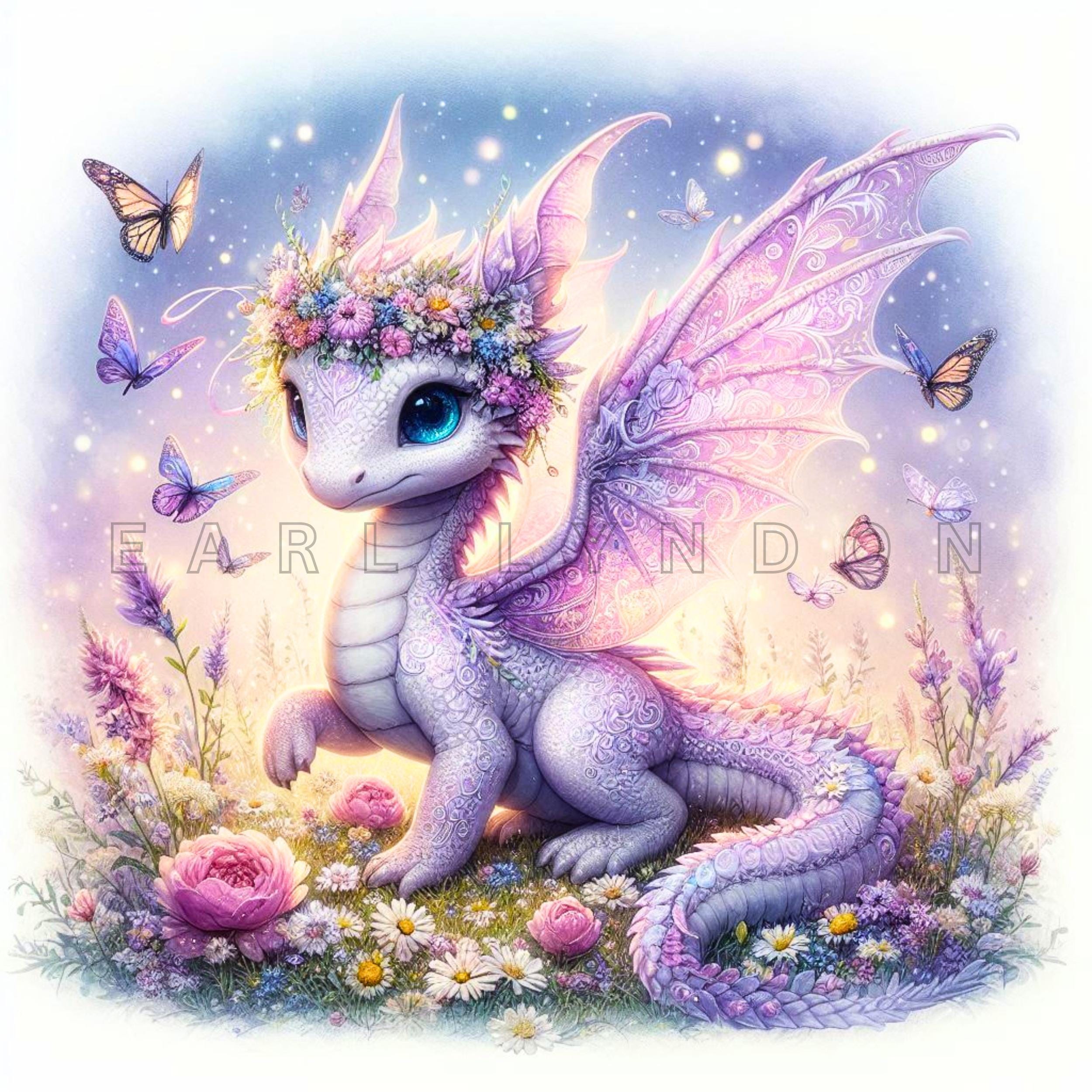 Spring Dragon Clipart - Baby Dragon Digital Prints, Floral Watercolor ...