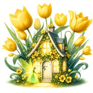 Tulip Fairy Cottage Clipart - Blumenhaus Fantasy Art, Aquarell Printables, 15 hochwertige 300 dpi JPEGs, Kinder Party Papiermodelle