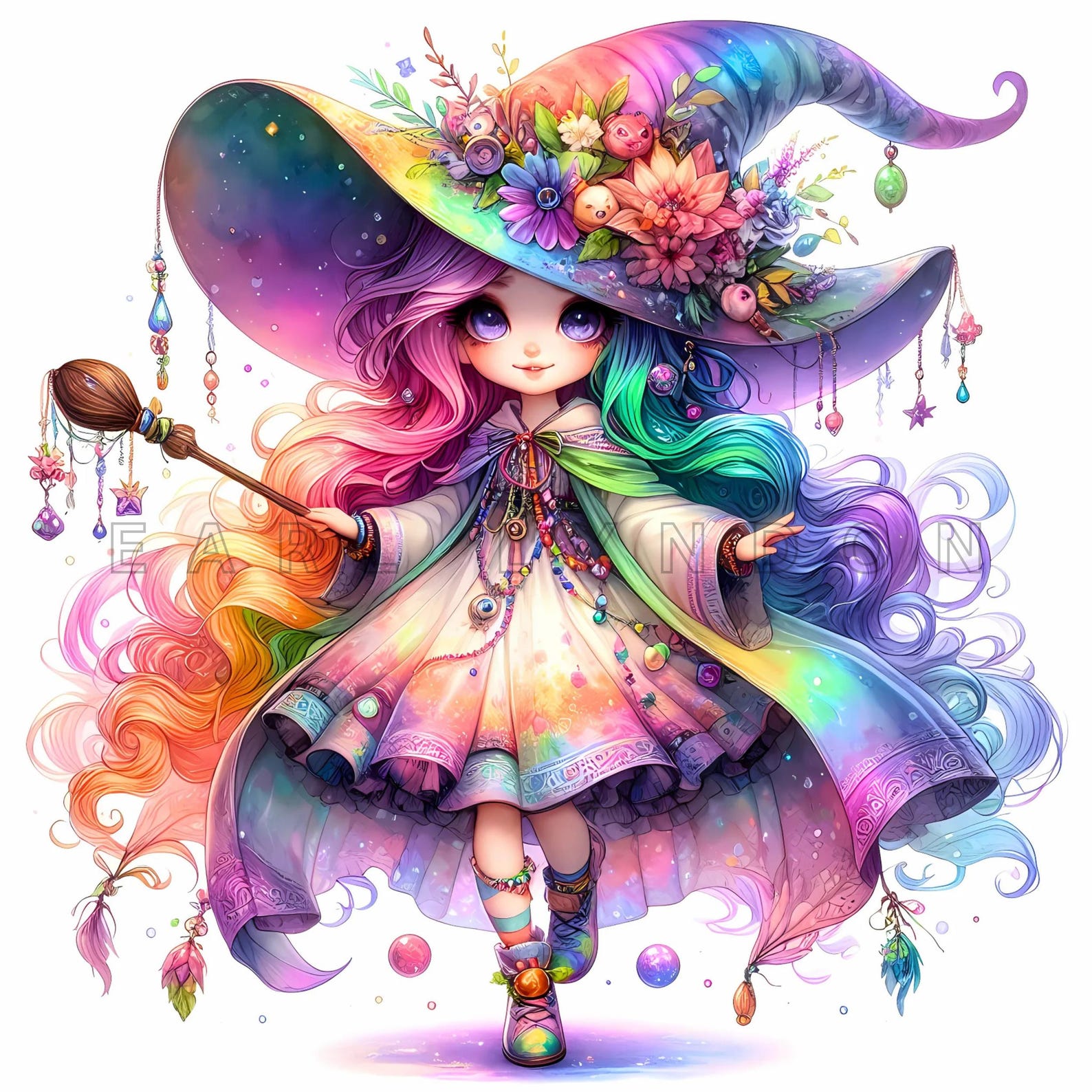 Rainbow Hippie Witch Clipart - Boho Girl Digital Prints, Watercolor ...