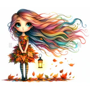 Bewitching autumn DOLL PNG 15 cute whimsical anime girl holiday clipart Digital prints Watercolor printable clip art 300 DPI