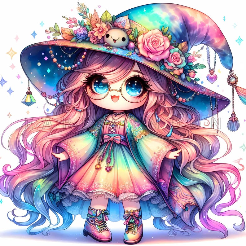 Rainbow Hippie Witch Clipart - Boho Girl Digital Prints, Watercolor ...