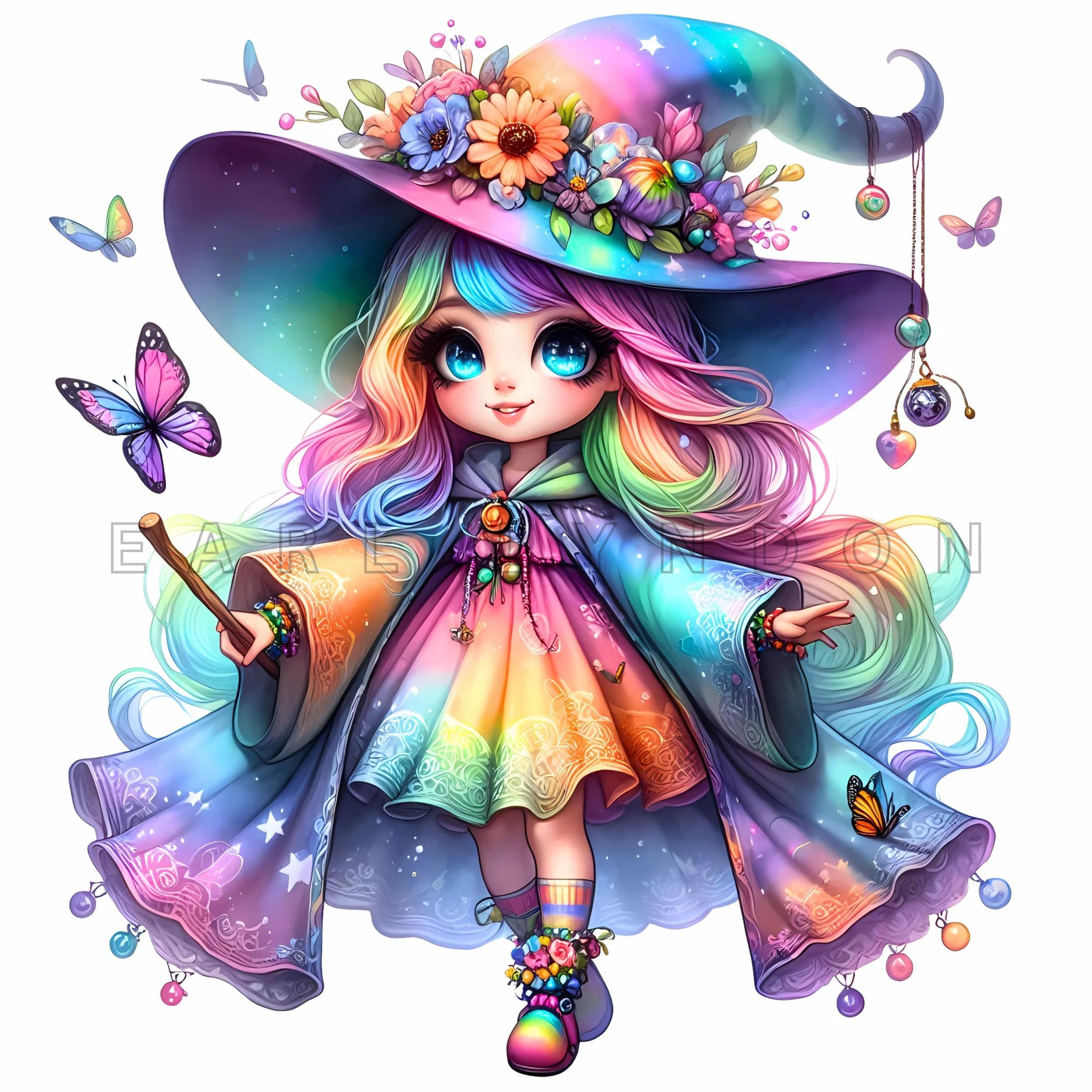 Rainbow Hippie Witch Clipart - Boho Girl Digital Prints, Watercolor ...