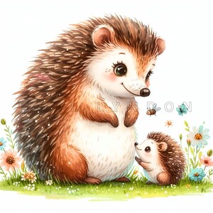 Clipart hérisson maman bébé - Art fantastique pour la fête des mères, imprimables aquarelle florale, 15 fichiers JPEG 300 DPI de haute qualité, créations en papier pour maman
