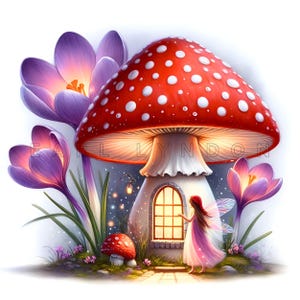 Clipart maison champignon fée - art fantastique champignon vénéneux enchanté, imprimables aquarelles, 15 fichiers JPEG 300 DPI de haute qualité, travaux manuels en papier de printemps