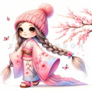 Gnomo con kimono de Sakura - Arte primaveral de niña con flor de cerezo, imprimibles florales en acuarela, 15 JPEG de alta calidad de 300 DPI, proyectos de bricolaje