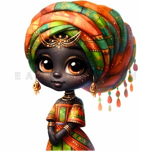Clipart di una graziosa ragazza africana - Arte digitale di una graziosa bambola afro nera, stampe ad acquerello, 15 PNG di alta qualità a 300 DPI, lavoretti di carta Kwanzaa