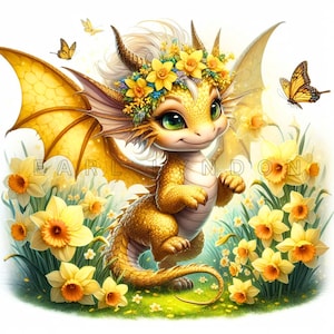 Clipart de dragão narciso - Impressões digitais de dragão bebê, imprimíveis florais em aquarela, 15 JPEGs de alta qualidade de 300 DPI, artesanato em papel, arte de fantasia