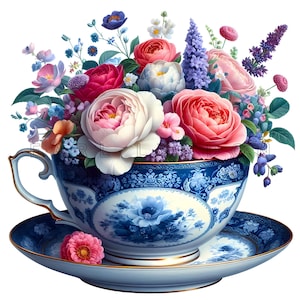 Clipart di tazze da tè floreali - Set di tazze da tè in porcellana, Arte digitale, Stampabili primaverili ad acquerello, PNG trasparenti a 300 DPI di alta qualità, Junk Journal