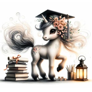Clipart de retrato de unicórnio de graduação - Arte acadêmica elegante de fantasia, imprimíveis em aquarela, 15 JPEGs de alta qualidade de 300 DPI, projetos escolares DIY