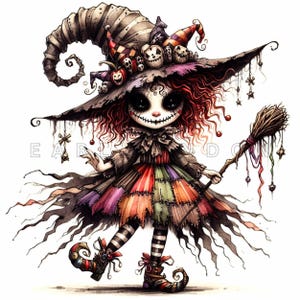 以下が含まれることがあります： ハロウィーンの魔女のイラスト。カボチャで飾られた大きな尖った帽子をかぶっています。パッチワークのドレス、縞模様のストッキング、つま先がカールしたブーツを履き、カラフルなリボンとチャームで飾られたほうきを持っています。