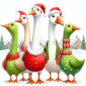 Clipart di oche natalizie stravaganti PNG 15 graziose e stravaganti oche invernali, diario spazzatura, stampe d'arte digitali, clipart stampabile ad acquerello 300 DPI