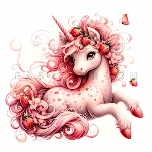 Clipart Licorne fraise - Dragon Cupcake Topper Fantasy Art, imprimables aquarelles, 15 fichiers JPEG 300 DPI de haute qualité, projets de bricolage de cuisson