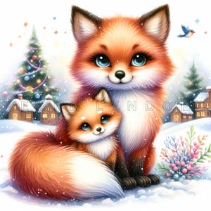 Clipart maman et bébé renard - jolies impressions numériques de vacances de Noël fantaisistes pour projets de bricolage, clipart imprimable aquarelle, 15 PNG, 300 DPI