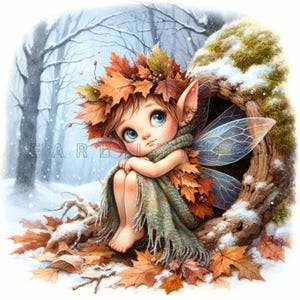 May include: A small fairy with large blue eyes sits on a tree stump in a snowy forest. She is wearing a brown leaf crown, a green scarf, and has translucent wings. The forest floor is covered in snow and fallen leaves.