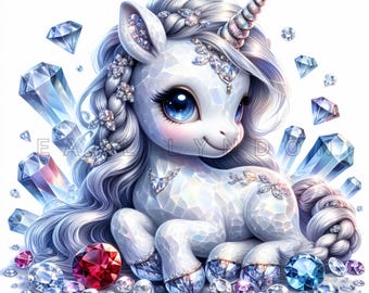 May include: A white unicorn with a silver horn and blue eyes is surrounded by sparkling blue and clear crystals. The unicorn has a silver braid with white flowers and is covered in glitter.