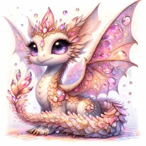 May include: A small, pink and gold dragon with large, sparkling eyes and a jeweled crown. The dragon has delicate wings and a long, curled tail.