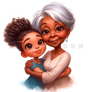 Clipart de abuela abrazando a su nieta - Arte digital de amor familiar, imprimibles en acuarela, 15 JPEG de alta calidad de 300 DPI, manualidades para el Día de la Madre