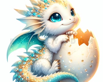 Newly Hatched DRAGON Clipart PNG 15 cute baby dragon with eggshell junk journal Digital art prints Watercolor printable clip art 300 DPI
