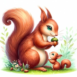 Clipart écureuil bébé maman - Art fantastique pour la fête des mères, imprimables aquarelle de printemps, 15 fichiers JPEG 300 DPI de haute qualité, créations en papier pour maman