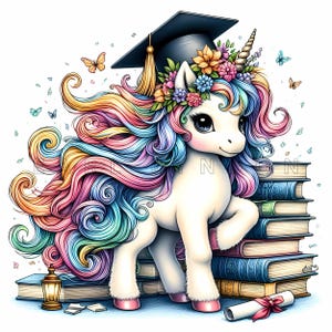 Clipart z jednorożcem na ukończeniu studiów - Fantastyczna akademicka sztuka fantasy, wydruki akwarelowe, 15 wysokiej jakości plików JPEG o rozdzielczości 300 DPI, szkolne rzemiosło papierowe